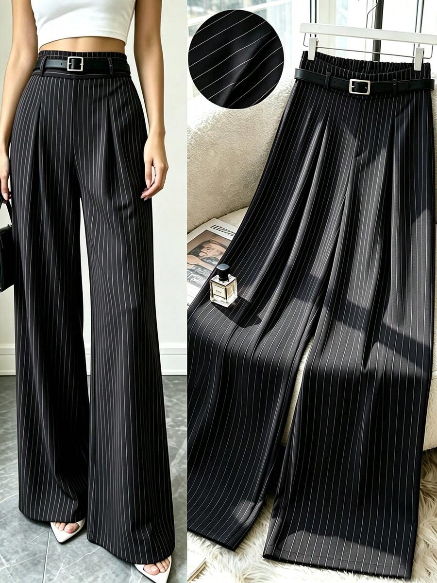 SHEIN Clasi Women's Plus Size Spring/Summer Striped Pleated Wide Leg Loose Long Pants Fall - Black - View 1