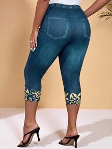 BrightlyHer Plus Denim-Effect & Floral Print Summer Outfits Leggings - Teal Blue - View 3