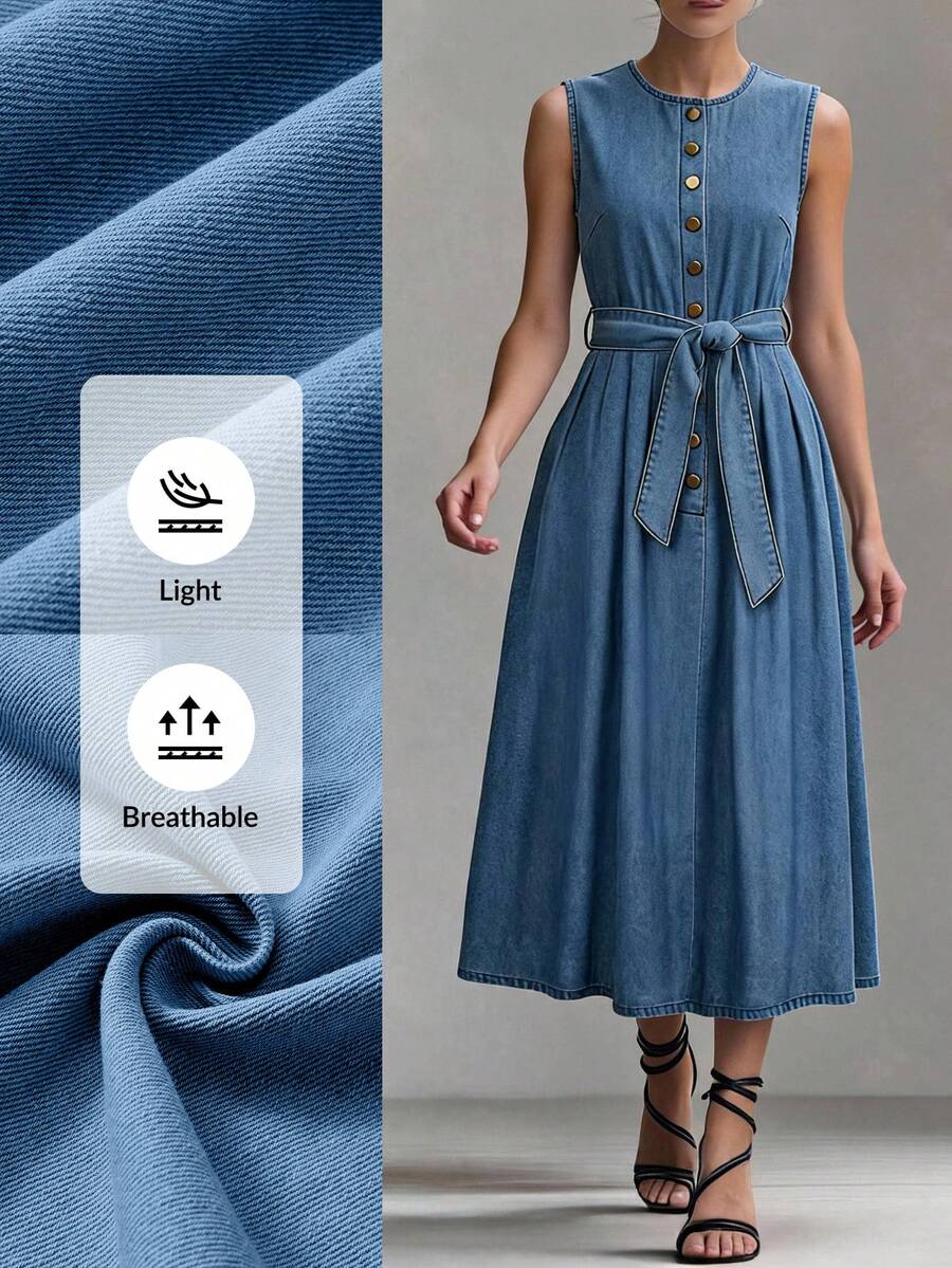 Everyssa Fall Vintage Sleeveless Button Front Belted Waist Midi Length Elegant Daily Wear Going Out Office Denim Dress For Women - Medium Wash - View 1