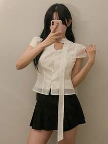 DAZY 女士系带短袖衬衫，春秋季 - 杏色 - 查看 5