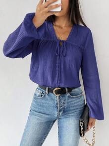 SHEIN 女款秋季休閒純色前綁帶襯衫 - 藏蓝色 - 查看 7