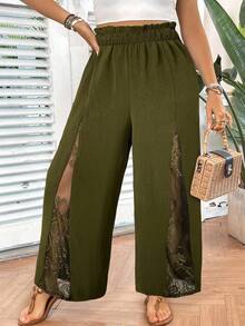 SHEIN VCAY Plus Size Solid Color Elastic Waist Elegant Lace Patchwork Pants - Olive Green - View 4