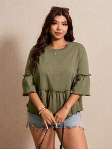 Elaquor Plus Size Solid Color Loose Fit Ruffle Trim T-Shirt Women's Tops And Blouses Casual Simple Boho Outfits Vacation Olive Green Summer - Green - View 4