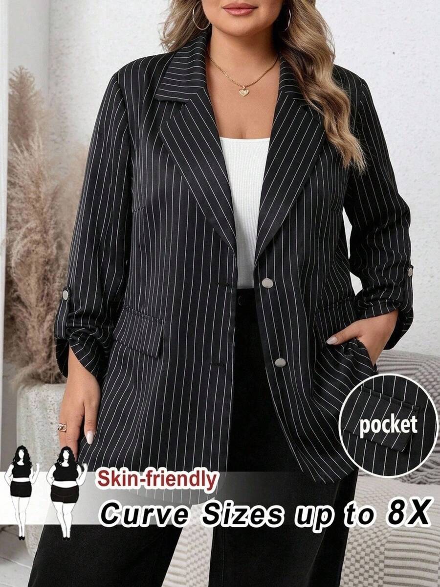 SHEIN CURVE+ 大尺碼女款條紋翻領長袖休閒夾克,秋冬款 - 黑與白 - 查看 1