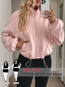 SHEIN Tall CURVE Plus Size Minimalist Zipper Long Sleeve Pocket Drawstring Sweatshirt - Baby Pink - View 1