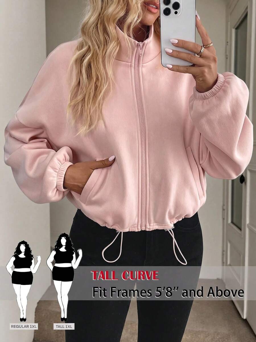 SHEIN Tall CURVE Plus Size Minimalist Zipper Long Sleeve Pocket Drawstring Sweatshirt - Baby Pink - View 1