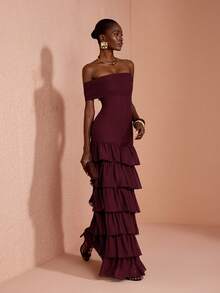 JIAN LASALA Mesh Off Shoulder Layered Sleeve Women Boho Dress Vacation Casual Holiday - Burgundy - View 7