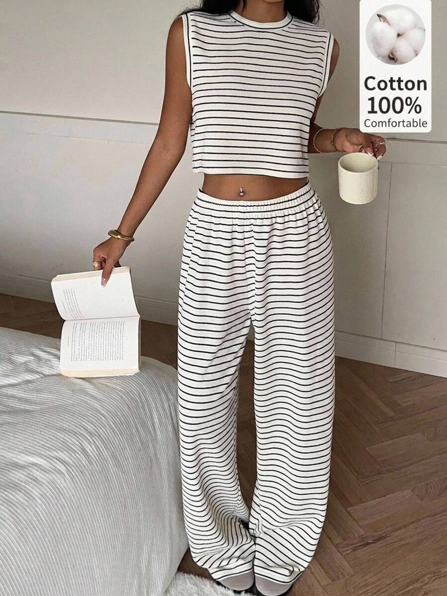 CovetEZ 女款夏季棉質休閒黑白條紋短版背心與長褲兩件套家居服 - 黑與白 - 查看 1