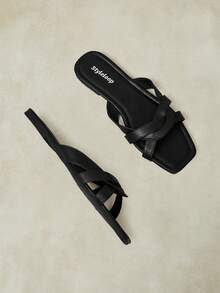 Styleloop Sandal Wanita, Gesper, Gaya Musim Panas, Sandal Datar - Hitam - View 12