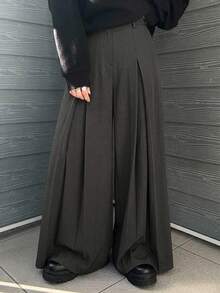 DAZY 女士休闲宽松褶裥阔腿裤，纯色，春夏款 - 棕色 - 查看 9