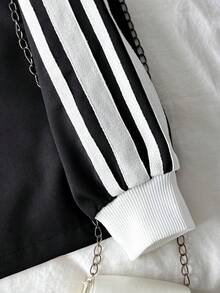 SHEIN 兒童青少年女孩休閒新款秋冬時尚海軍藍與白色條紋拼接長袖拉鍊外套與長褲兩件套，返校穿搭 - 黑色 - 查看 4