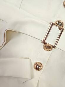 Balvessa Solid Color Metal Button Waist Wrap Elegant Women's Long Dress - Beige - View 4
