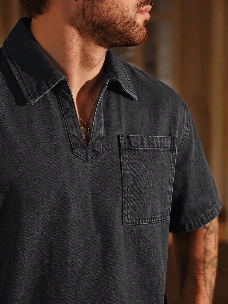 SIGLOCORE Men's Casual Versatile Washed Pocket Short Sleeve Top - Dark Grey - View 4