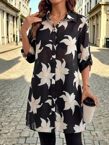 Editum 女款花卉印花捲袖單排扣休閒優雅襯衫，適合夏季度假、辦公、早午餐、假期、萬聖節、聖誕節、新年，黑色花卉 - 黑色 - 查看 7