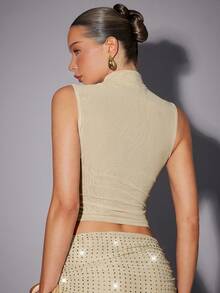 Hauture Sexy Summer Party Burgundy Red Mock Neck Hot Fixed Rhinestone Double Layer Mesh Tank Top - Apricot - View 2