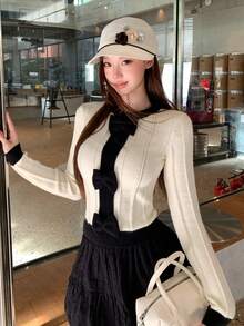 DAZY Women's Round Neck Bow Contrast Color Long Sleeve Girly Sweater Fall Cardigan - Black and White - View 3