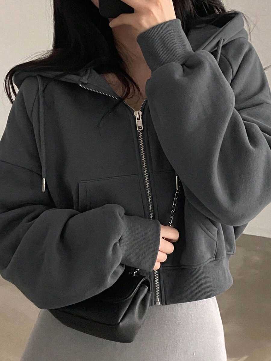 DAZY 女款連帽短版刷毛運動衫 - 灰色 - 查看 1