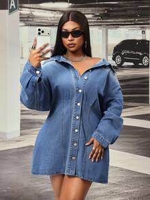 Slaydiva Plus Size Cowgirl Outfit Blue Non-Stretch Button-Front Sexy Fitted Dress For Women - Medium Wash - View 5