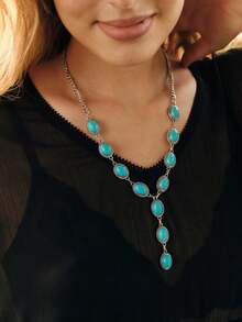 Nocturel 1pc Women's Retro Western Style Turquoise Inlaid Y-Shape Charm Necklace, Suitable For Beach, Holiday, Party, Clavicle Necklace - Multicolor - View 1