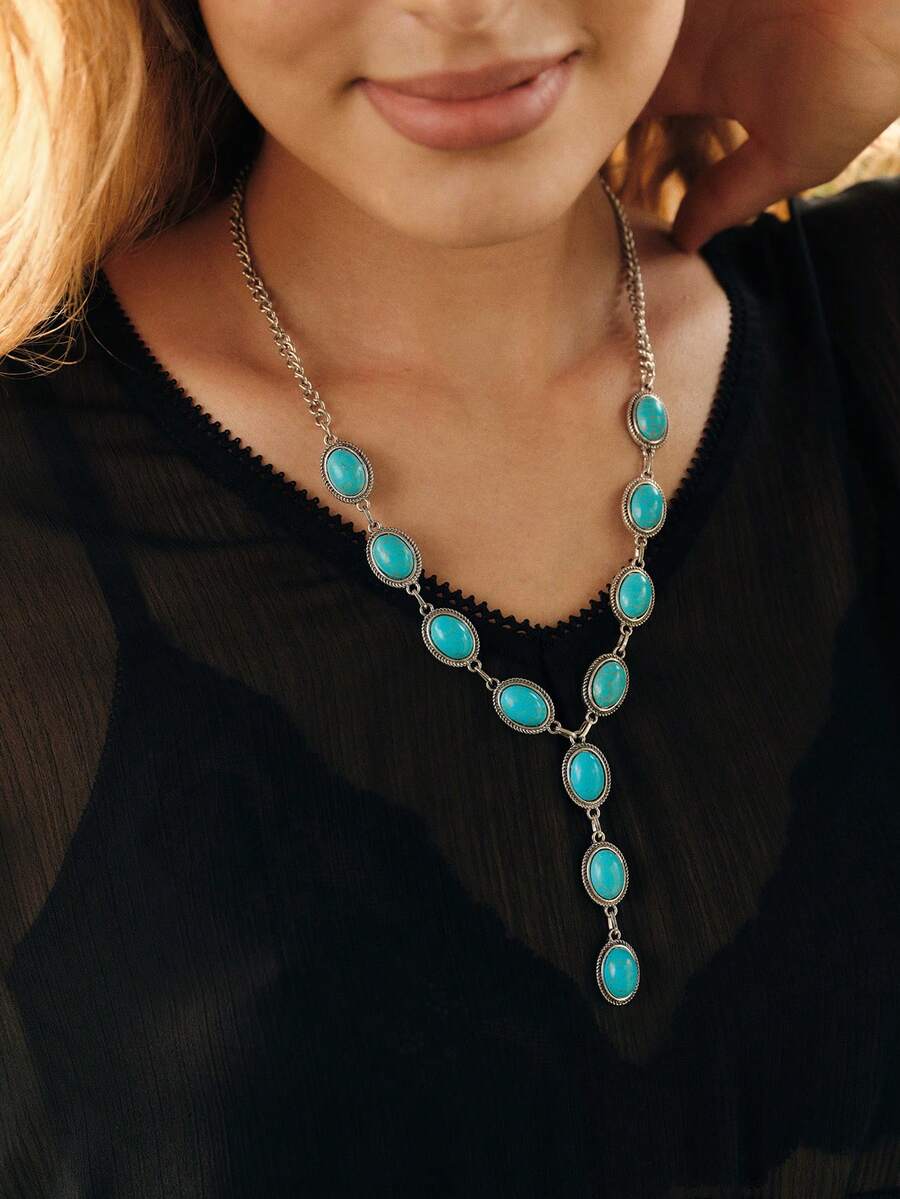 Nocturel 1pc Women's Retro Western Style Turquoise Inlaid Y-Shape Charm Necklace, Suitable For Beach, Holiday, Party, Clavicle Necklace - Multicolor - View 1