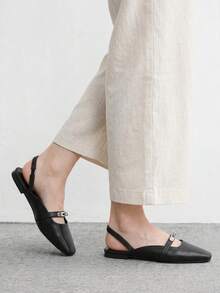 CUCCOO BIZCHIC 女款小方頭平底黑色後扣帶低鞋面slingback便鞋，輕便舒適簡約通勤鞋 - 黑色1號 - 查看 4