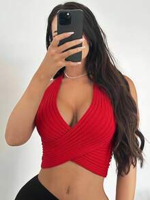 SHEIN SXY Plus Size Red Criss-Cross Backless Knit Halter Top Sexy Going Out Club Night Summer - Red - View 1