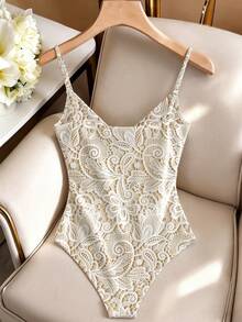 Franclia Bodysuit Ukuran Besar Motif Digital Renda Imitasi Warna Polos - Aprikot - View 2