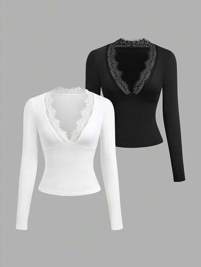 Sweetra Women's Lace Deep V-Neck 2-Piece Set, Elegant Vacation & Street Style