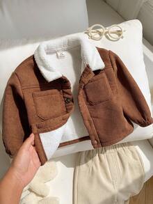 Baby Boy Thermal Lined Thick Collar Long Sleeve Open Front Winter Jacket, Versatile And Comfortable - Brown - View 5