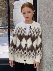 Hapijoa Tween Girl Plaid Loose Fit Autumn Sweater Top, Thick Cardigan, Colorblock Casual Knitwear Winter - Beige - View 9