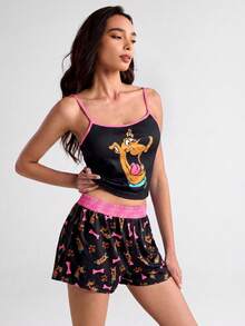 SCOOBY-DOO X SHEIN 女款卡通印花細肩帶上衣與短褲休閒居家睡衣套裝 - 黑色 - 查看 4