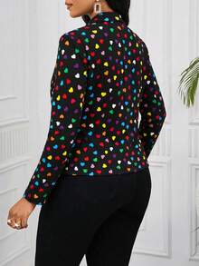 SHEIN Lady 大尺碼女款愛心圖案長袖開襟優雅西裝外套 - 彩色 - 查看 2