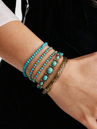Nocturel 5pcs/Set Bohemian Vintage Faux Turquoise Elastic Cord Beaded Bracelet Set, Suitable For Women Or Men's Daily Wear