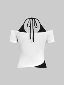 Attitoon Women's Wing Print Raglan Short Sleeve Halter Neck 2 In 1 T-Shirt - Multicolor - View 8