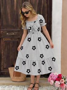 SHEIN Tween Girl Striped Floral Print Bow Decor Dress Fall Autumn Back To School - Black and White - View 3