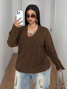 Maweii Plus Size Women's Cable Knit Textured Casual Vintage Fashion Sweater - Coffee Brown - View 5