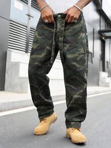 GALLERY FADE 男士街頭風休閒拼接腰帶迷彩牛仔長褲 - 軍綠色 - 查看 8
