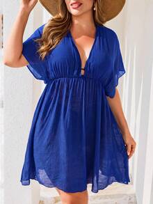 Swim Lushoire Summer Beach Daily Basic Solid Color Plus Size Cover-Up - Royal Blue - View 5