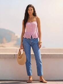 CAJUNI Women's Sweet Vacation Button Embroidered Hollow Out Camisole - Pink - View 3