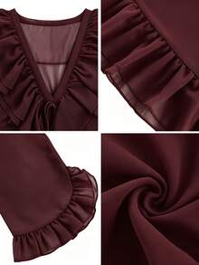 SHEIN Fiorisel Solid Ruffle Trim V-Neck Tie Front Sheer Chiffon Blouse With Flare Sleeves - Burgundy - View 5