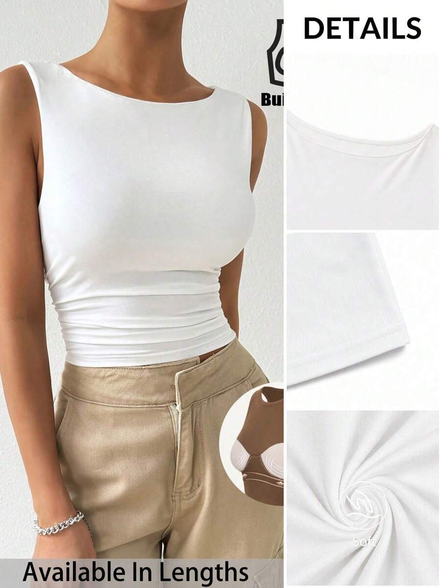 SHEIN PETITE CURVE Parte superior de tirantes de ajuste ceñido y cuello redondo con fruncido para mujer de talla grande y unicolor - Blanco - Ver 1