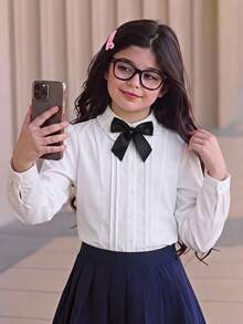 SHEIN Tween女孩女童襯衫，秋冬春夏休閒優雅百搭白色極簡修身長袖領口百褶襯衫，女童白色襯衫，返校季白色襯衫 - 白色 - 查看 1