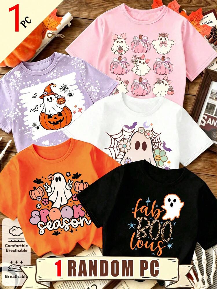 SHEIN (Random Patterns, Randomly Ships 1 Of 5) Girls' Cartoon Pumpkin Cute Ghost Spirit Decorative Fun Letter Graphic Print Basic Short Sleeve Halloween Clothes - Black - View 1