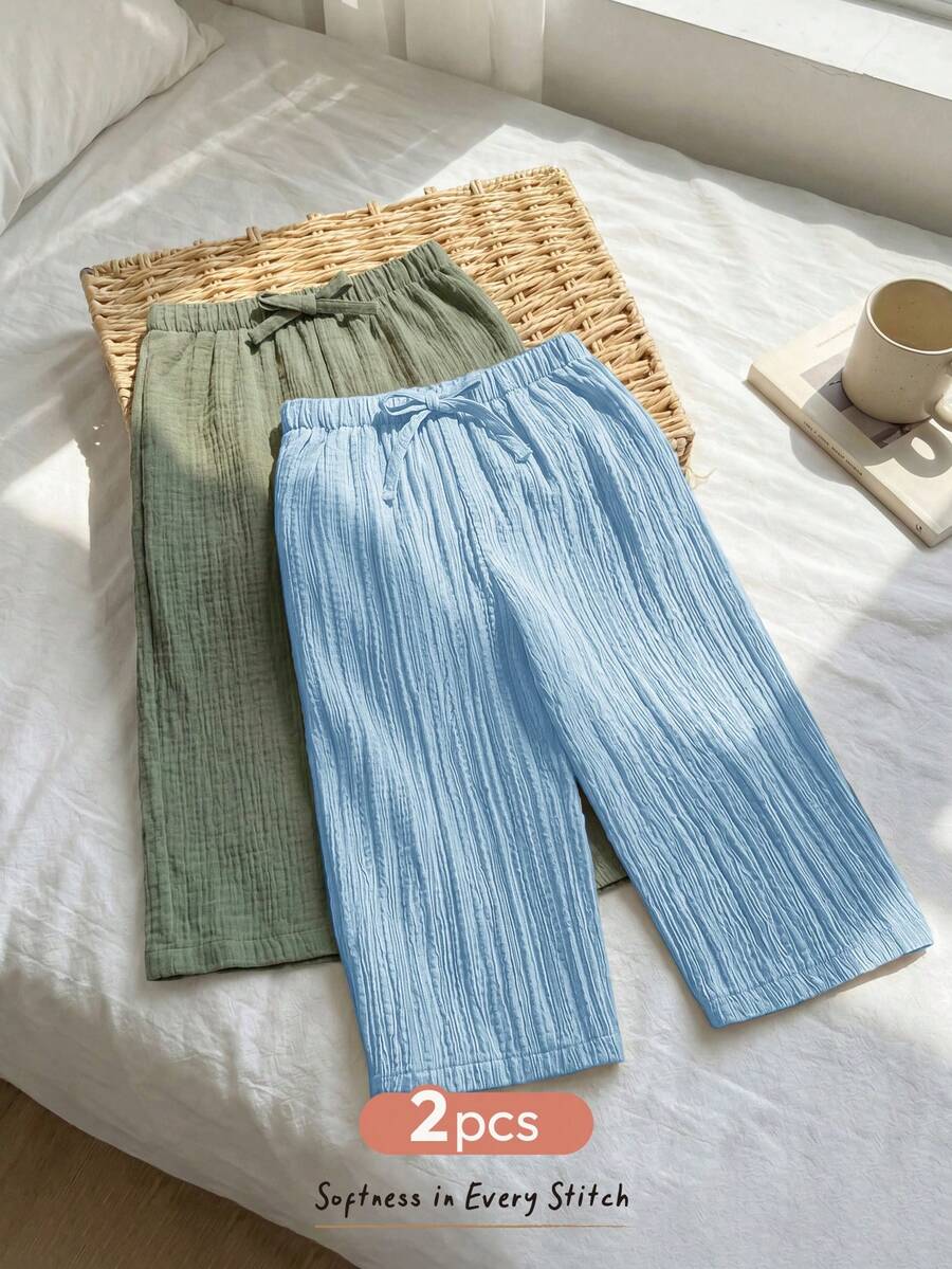 Cozy Pixies 2件組嬰兒女嬰男嬰紋理布料寬鬆寬腿直筒長褲 百搭度假風 - 彩色 - 查看 1
