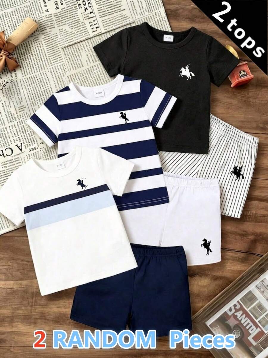 SHEIN 2件隨機款男嬰新款時尚舒適極簡條紋印花短袖上衣,設計Logo印花,春夏風格 - 彩色 - 查看 1