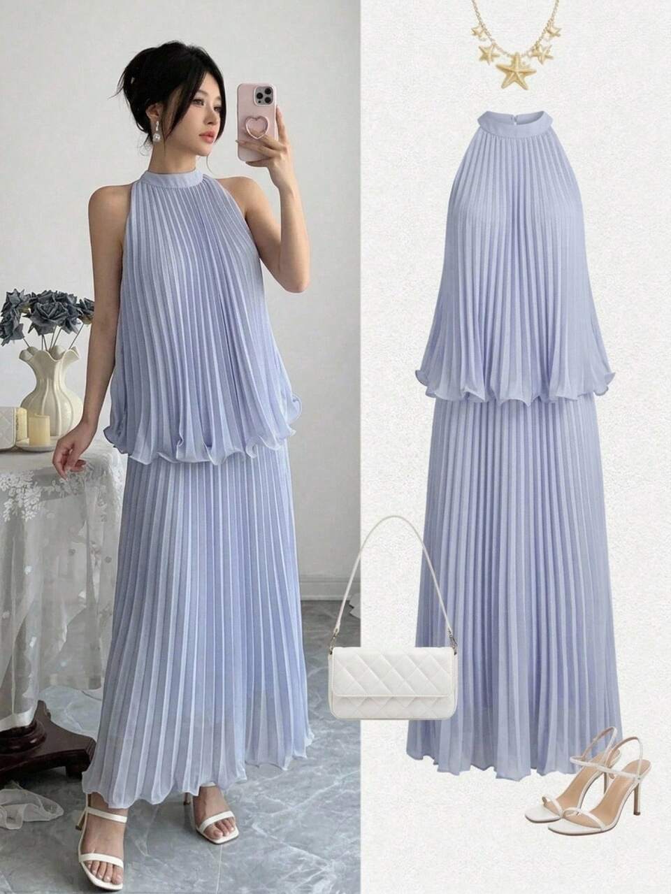 Autumn Sleeveless Loose Pleated Chiffon Light Blue French Elegant Style Women's Tank Top & Wide Leg Pants 2 Pieces Set Lounge Sets For Women