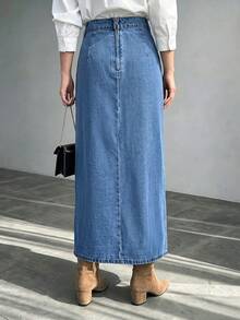 Balvessa Fashionable Commuter Lace Patchwork Denim Skirt - Blue - View 2