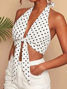 Travachic Women's Polka Dot Pleated Casual Versatile Daily Wear Halter Neck Top - White - View 4