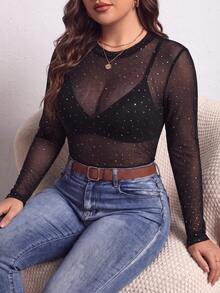 SHEIN PETITE CURVE 大尺碼女款水鑽網紗圓領長袖透視性感上衣 - 黑色 - 查看 8