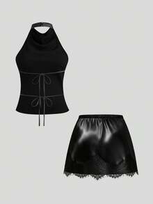 Sweetra Plus Size Satin Sexy Elegant Halter Neck Backless Top And Lace Patchwork Mini Bodycon Skirt 2 Pieces Set Halloween Cocktail Black - Black - View 2